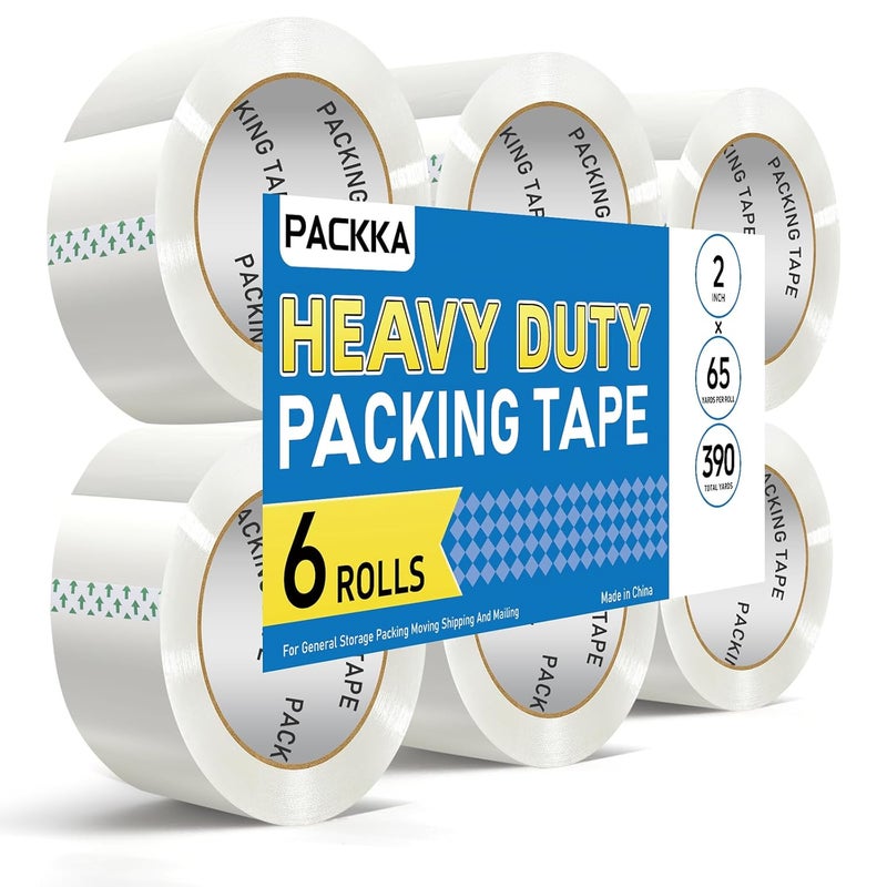 PACKKA Clear Packing Tape, Heavy Duty Packaging Tape Refills 6 Rolls, 2 inch x 65 Yards, Shipping Tape Box Tape Mailing Tape for Shipping Packaging Moving Sealing and Storage - Image 1